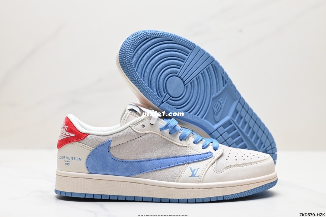 公司级✅Travis Scott x Fragment Design x Jordan Air Jordan 1 Low OG SP AJ1 乔1 LV联名低帮文化休闲板鞋  #多方联名合作融合了Travis Scott 独特的音乐风格，藤原浩个性的设计风格以及Jordan品牌的经典元素 使其成为一双具有独特身份和价值的鞋子 清新而立体的外观加上联名标识更突出了其独特身份 这种配色方案显示出活力和时尚感 在视觉上引人注目  鞋身的质感和细腻的细节处理使其显得高端而格调十足  这款“倒钩”联名是设计与创意完